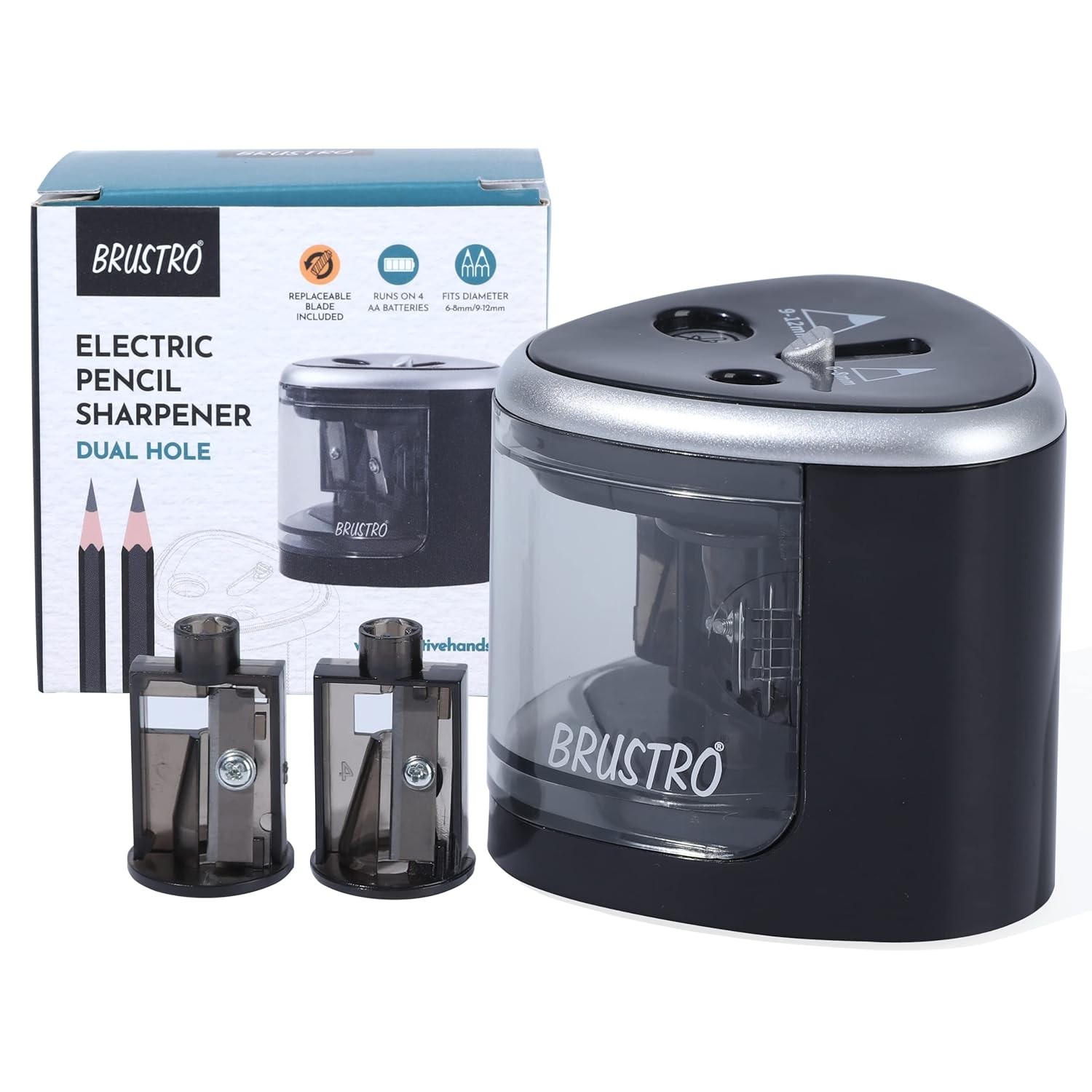 Brustro Double Hole Battery Operated Pencil Sharpener | Auto Feed for Charcoal, Graphite and Pastel Pencils | Ideal for Artists and Students