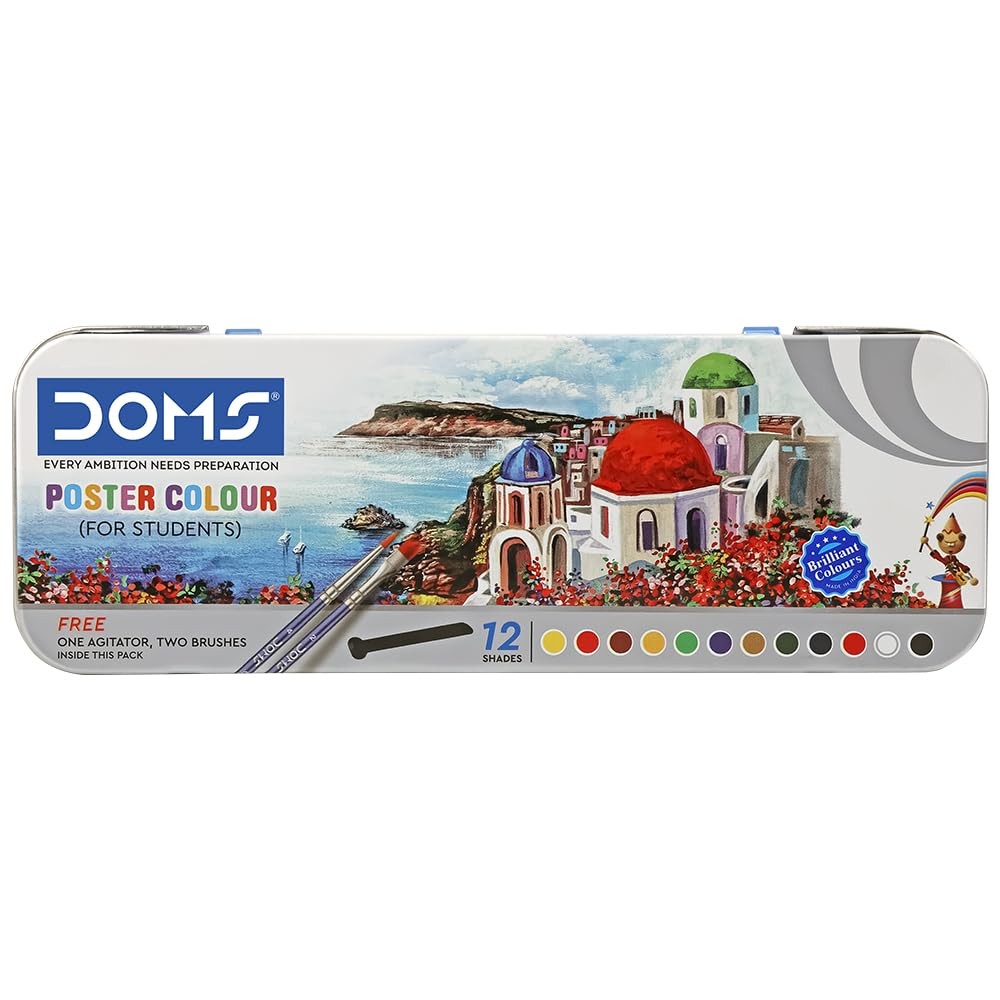 Doms 14 Shades Poster Colours | Rich & Vibrant Colors | Free Agigator & Brush Inside For Uniform Mixing | Non-Toxic & Safe For Childrens | Pack of 1