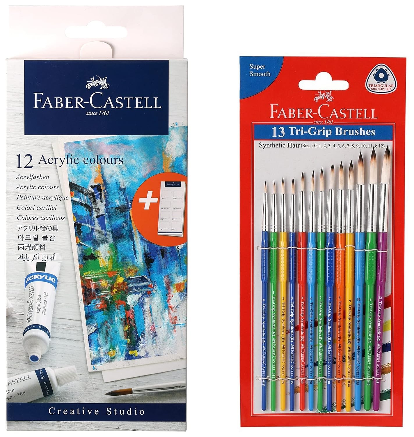 Faber-Castell A.W.Faber-Castell Student Acrylic 9ml Colour (Pack of 12) Tri-Grip Brush - Round, Pack of 13 (Assorted)