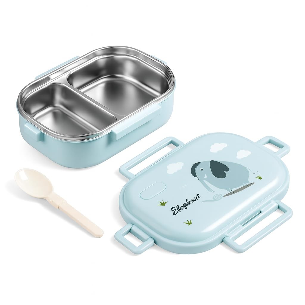 QLECT Kids Star Stainless Steel Lunch Box for Kids Adults, PUF Insulation Keeps Food Warm, Food Grade Bpa Free, 2 Compartments with Locking Lid and Steam Valve, Spill Leak Proof(700ml Printed Blue)