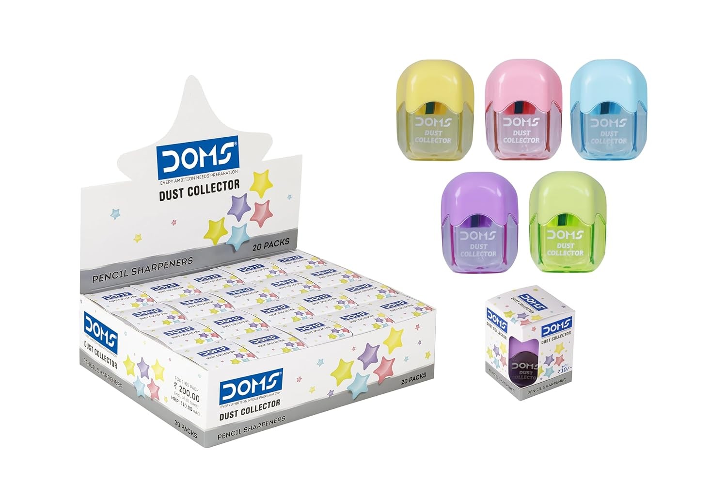 DOMS Multicoloured Dust Collector Sharpener Blister Pack of 20