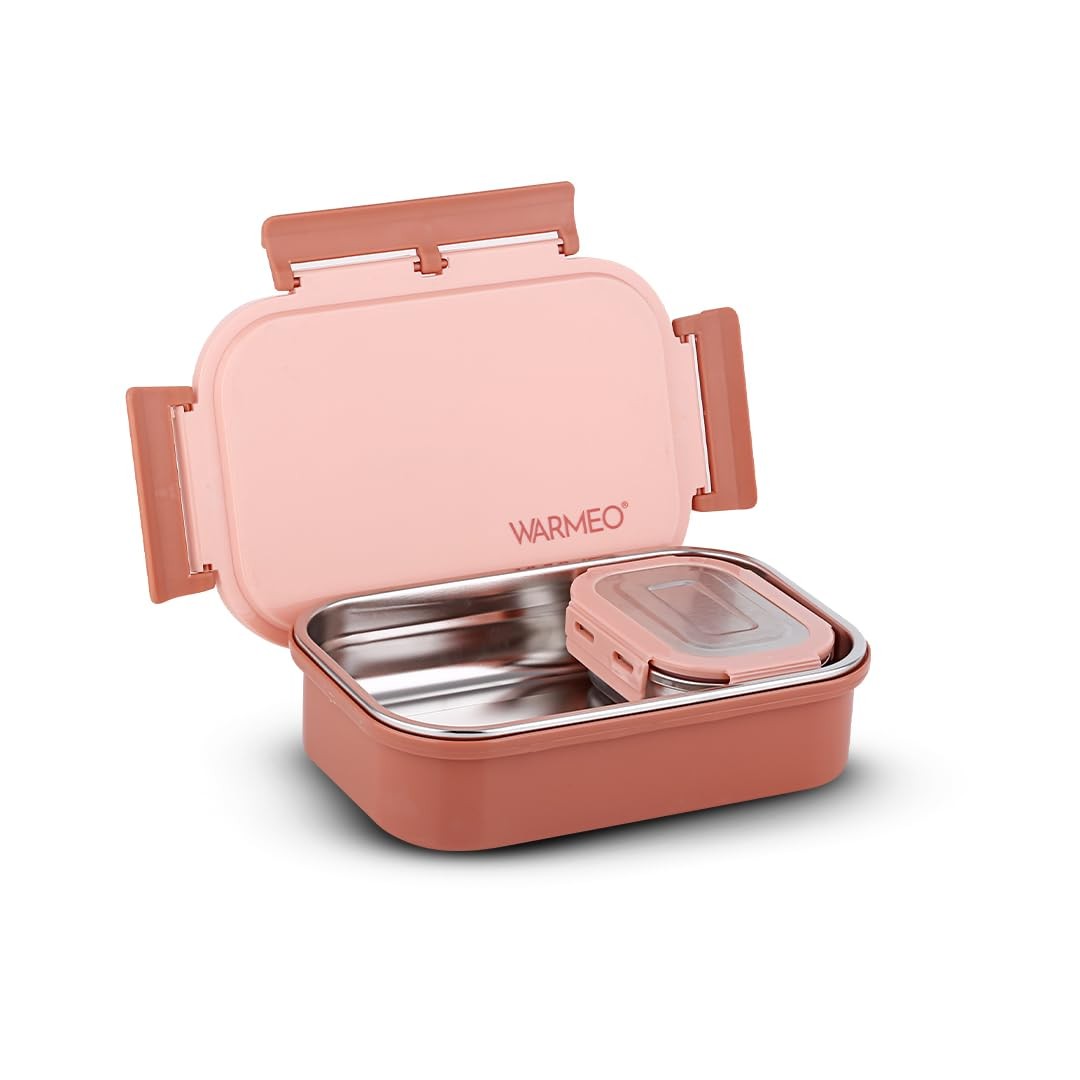 WARMEO Aroma Insulated Stainless Steel Airtight Leak-Proof Lunch Box with Clip Lock Lid,Light Weight, Easy to Clean, Perfect for Office, School, Picnic & Travelling, Combo(800ml+150 ml), Peach