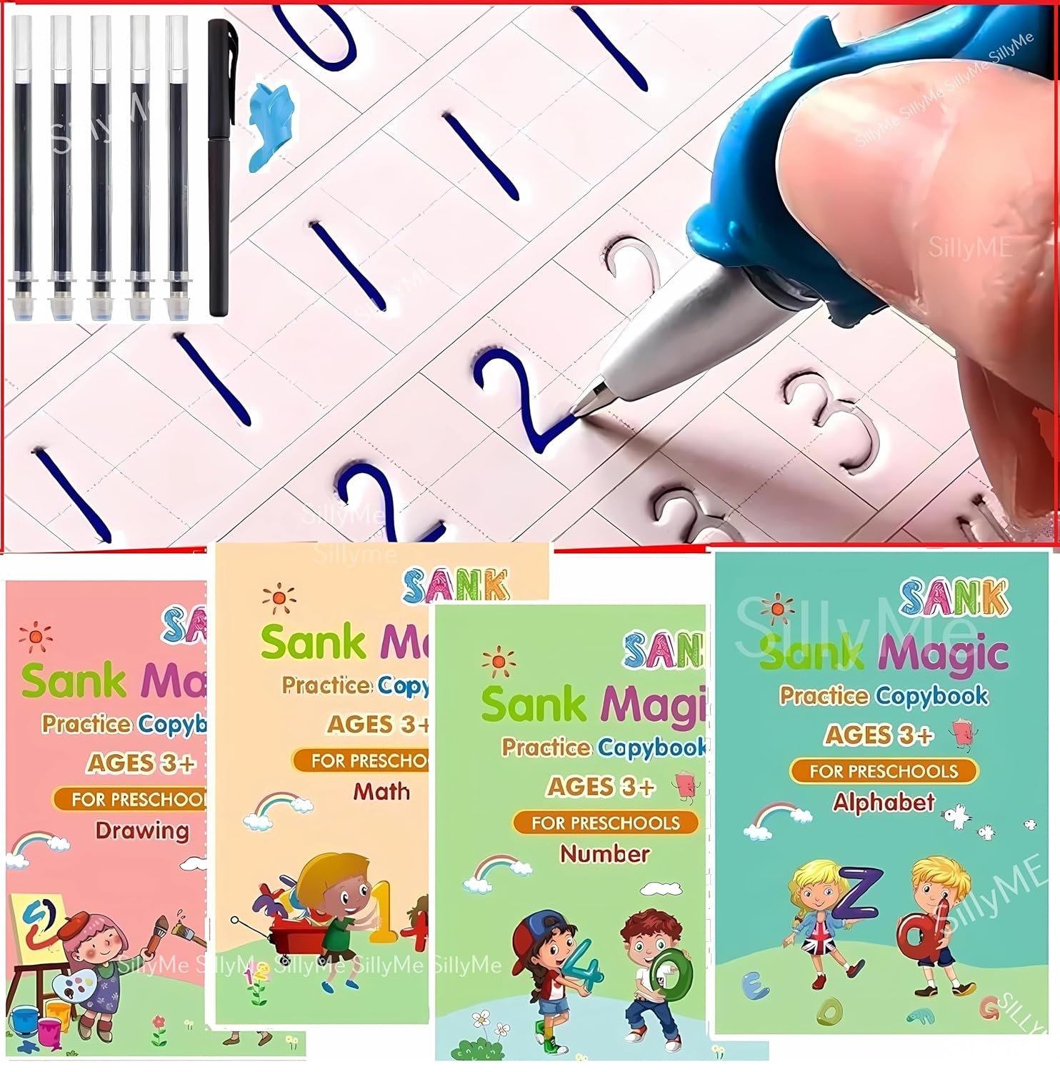 Sank Magic Book for Kids 2-5years - 4 Books +1 Pen+ 10Refill + 1 Grip - Sank Magic Practice Copy Book for Kids 2-5 Years - Calligraphy Reusable Magical Book Drawing Alphabet Writing Practice Book