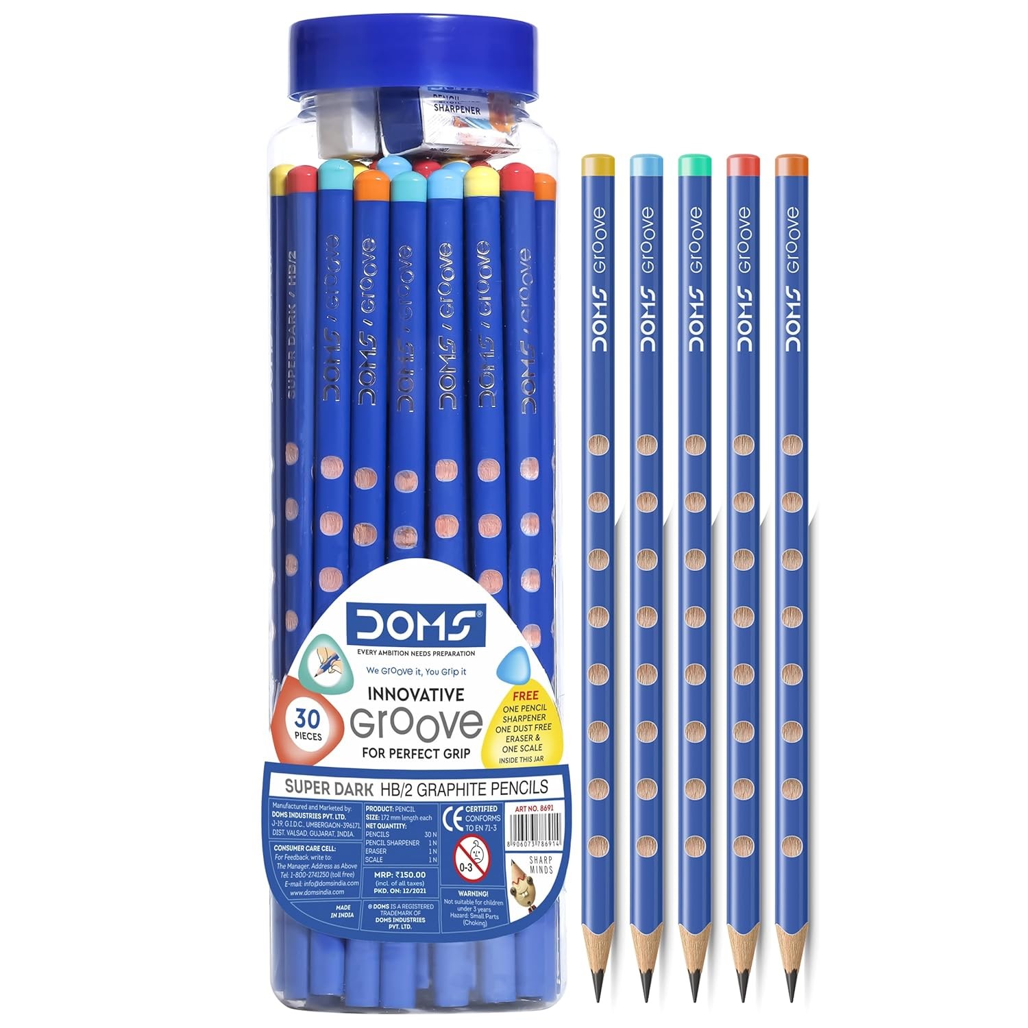 Doms Groove Super Dark HB/2 Graphite Pencils Jar Pack | Innovative Groove For Perfect Grip | Free Pencil, Eraser, Sharpner & Scale | Ideal For Sketching & Drawing | Pack of 30 Pencils