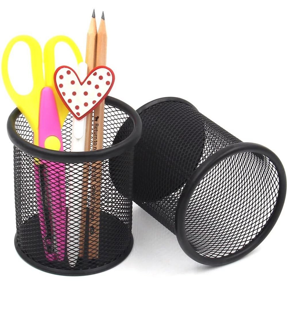 UCRAVO 2Pcs Pen Holder for Desk, Premium Mesh Metal Pencil Holder Pen Cup Marker Holder Makeup Brush Stand Case Holders, Desk Accessories & Workspace Organizers for Home, School & Office, Black