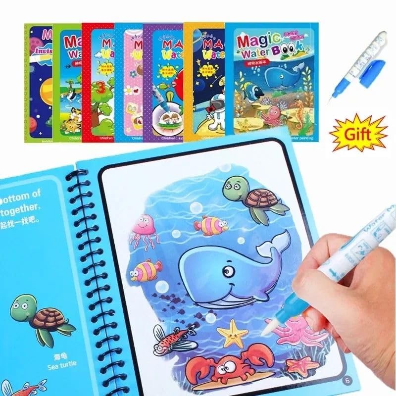 PIX N DOTS Quick Dry Re-Usable Magic Coloring Water Book Doodle with Magic Pen Painting Board for Children Education Drawing Pad (Random Design) (Pack of 4)
