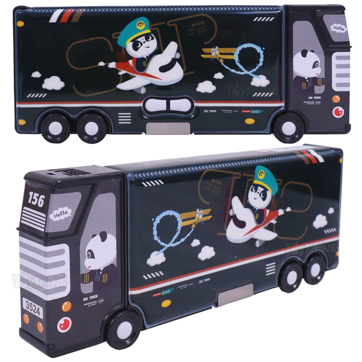 Toyshine Plastic Double Compartment Bus Pencil Box With Moving Tyres, Button Enabled Storages And Sharpner For Kids - Black