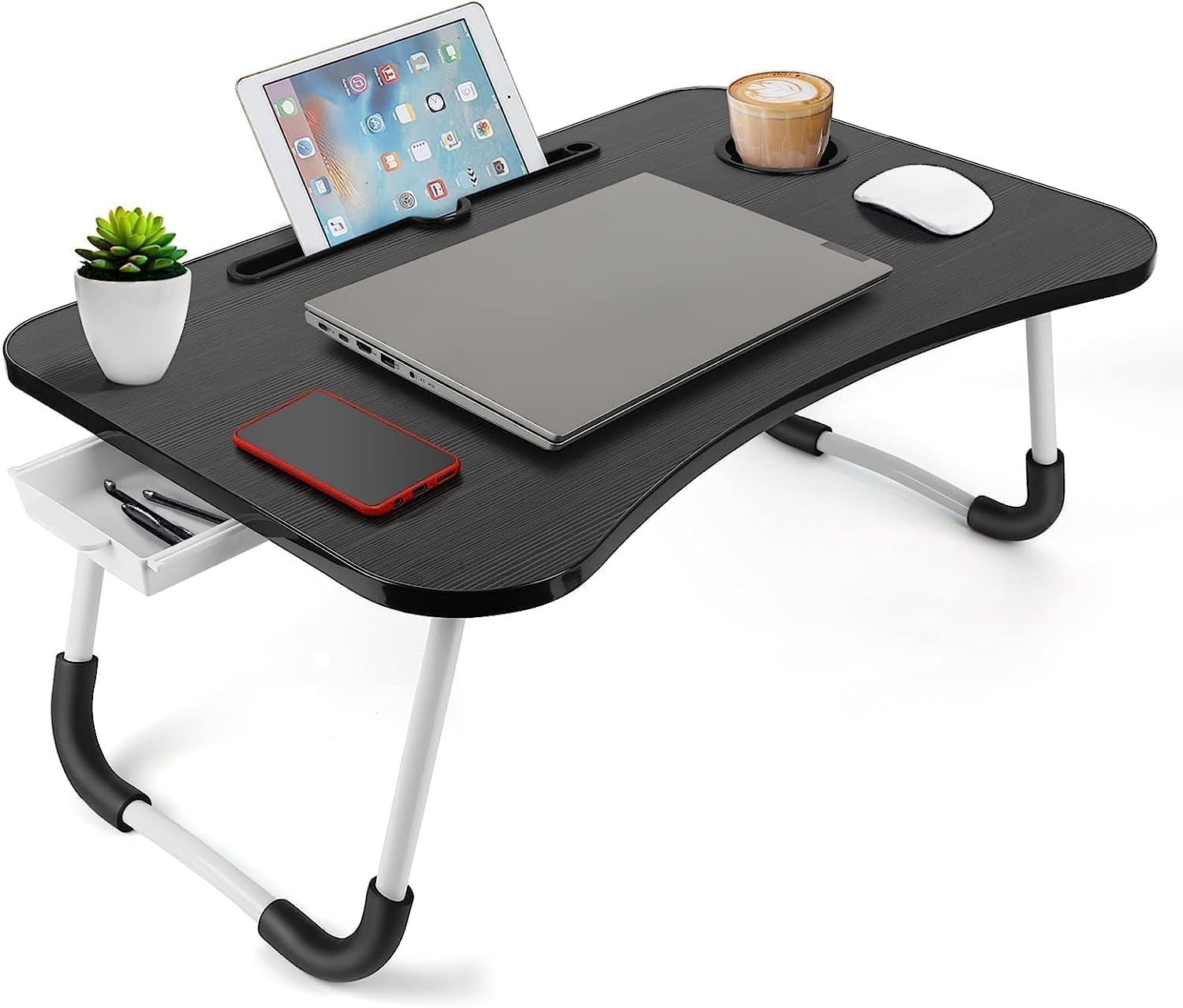 TEKCOOL Study Table Foldable Wooden Laptop Bed Tray Table, Multifunction Lap Tablet Desk with Cup Holder, Perfect for Eating Breakfast, Reading Book, Working, Watching Movie On Bed, 60x40 cm
