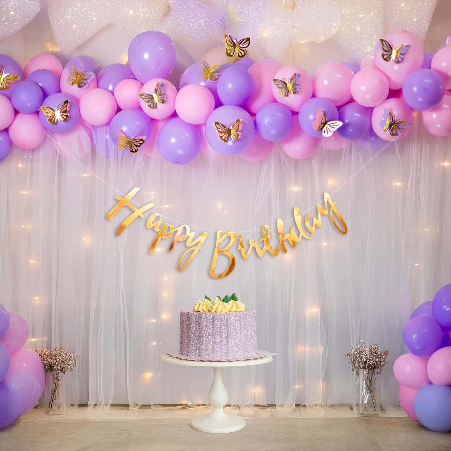 The Banner Company Birthday Decoration Kit for Girls - Purple & Pink Balloons, Golden Confetti, Happy Birthday Banner, Net Curtain, LED Lights, Arch Tape, Butterflies - 80 Pcs Combo Set