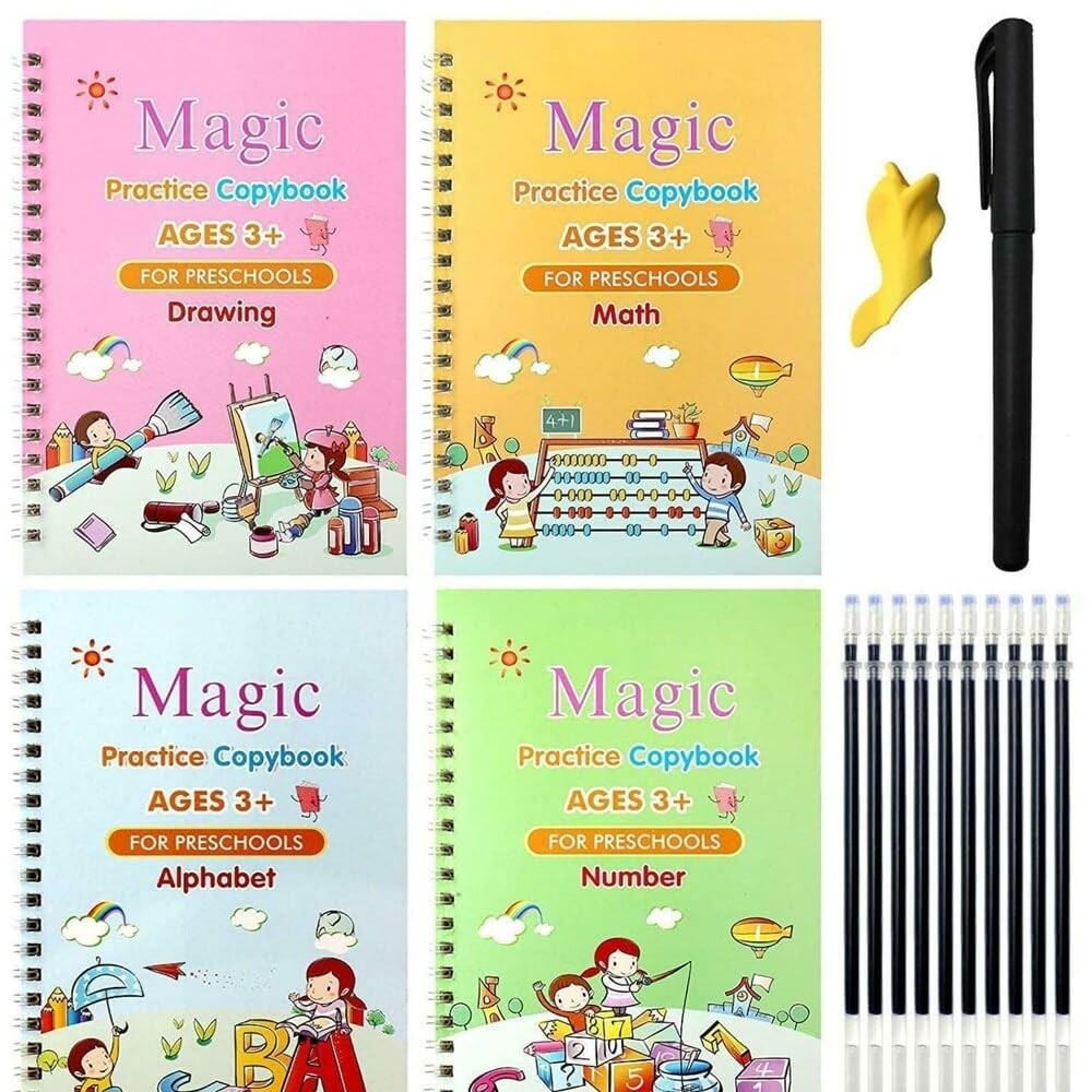 SUPER TOY Magic Practice Copy Book for Kids Reusable Writing Books Set for Alphabet, Numbers, Math & Drawing 4 Books+10 Refills+1 Pen Preschool Arts & Crafts, Colouring Books & Handwriting Practice