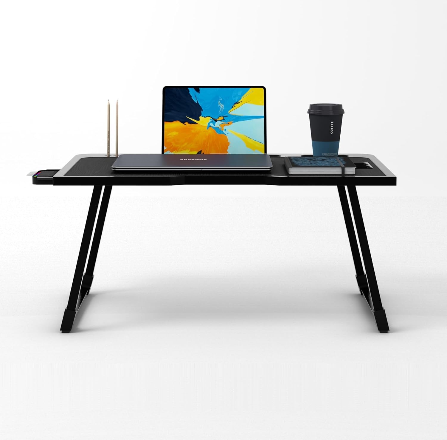 Cubiker Engineered Wood Multipurpose Foldable Laptop Table with Cup Holder | Table Home Study Writing Table, Foldable and Portable/Ergonomic Edges (Black - 60[L] X 40[W] X 24[H] Cm)