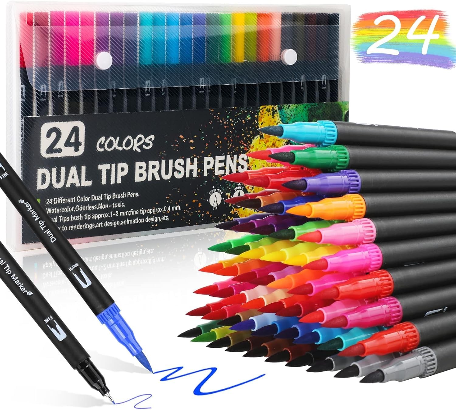 KLIFFOO Dual Tip Colorful Art Markers Sketch Pens 24 Colors With Carrying Case For Painting Sketching Calligraphy Drawing -Twin Head Permanent Colouring Marker Pens For Kids Adult, Multicolor (24)