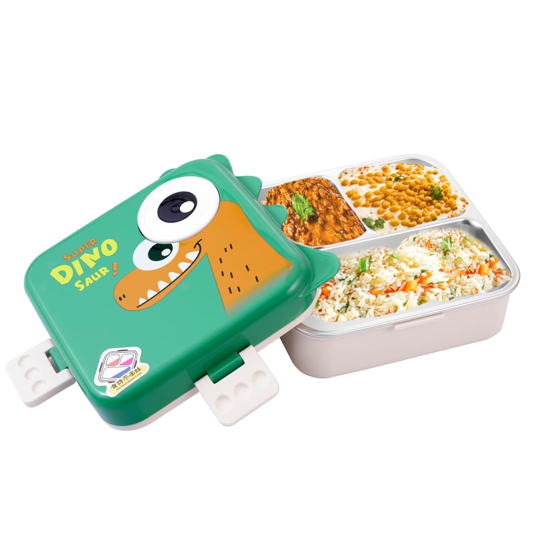 ATTRO Carnival Super Dino Lunch Box 2 Layer Stainless Steel Lunch Box Comes with 1 Detachable Tray, 1 Small Container & 1 Spoon Ideal for Kids BPA Free 1120ml+70ml- Green