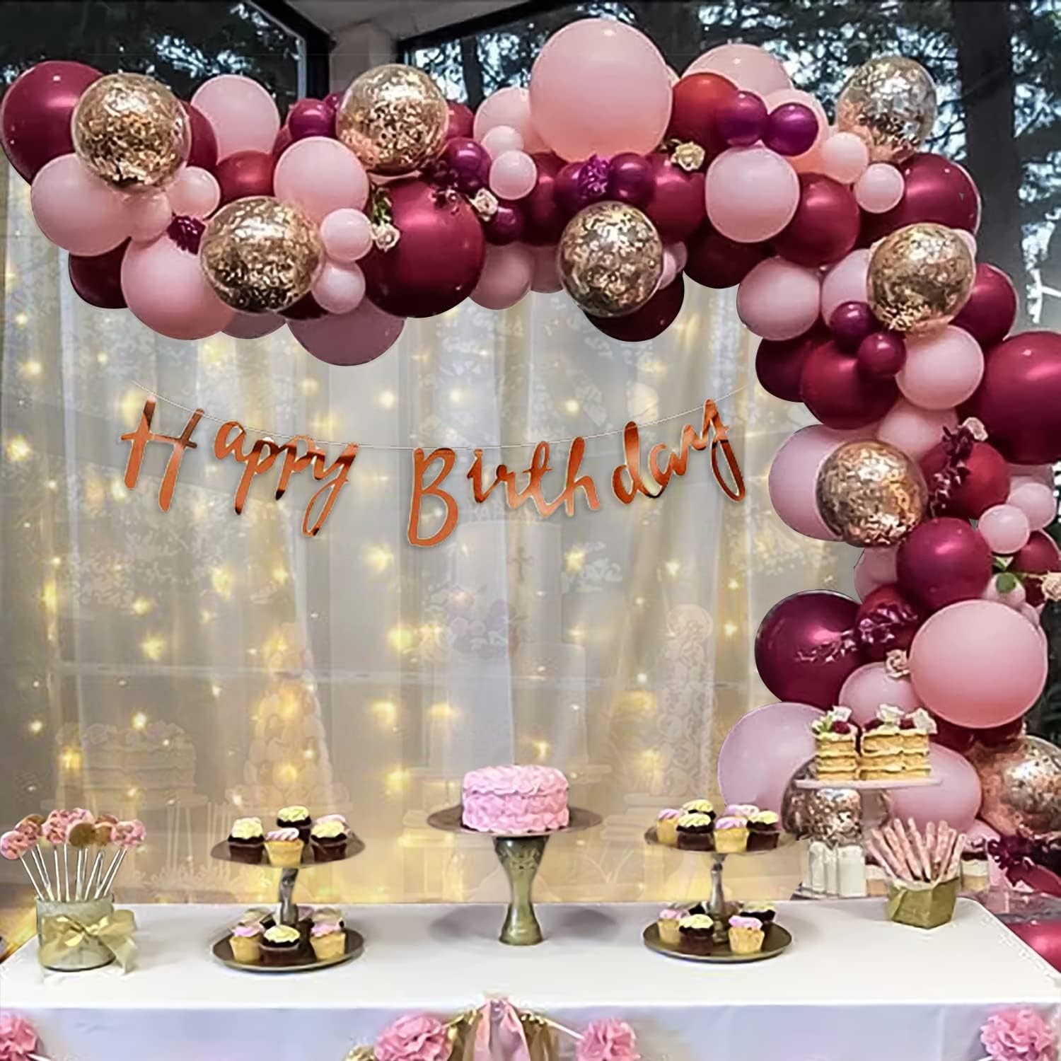Special You Happy Birthday Decoration kit for Girls, Pink & Burgundy Balloons with White net Curtain backdrop for decoration & Lights (40ft Long), 1st birthday decoration Items for girls