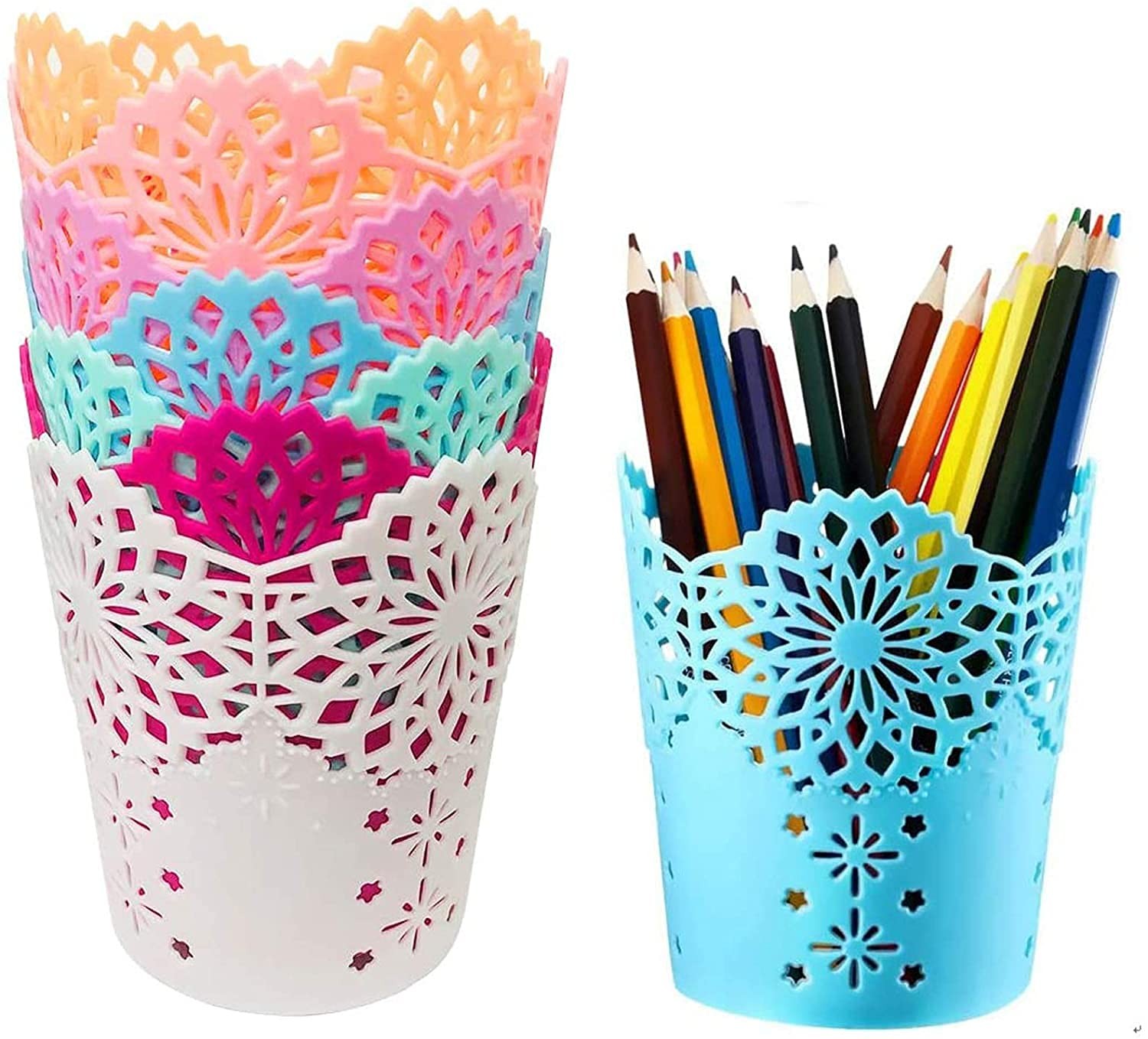 RUSHFINCH 4 pcs Pen Pot, Plastic Hollow Flower Holder Pencil Vase Pot Holder Desk Office Organizer for Storage Pen Erasers Makeup Brush Cup and Other Desktop Small Trash Can Accessories