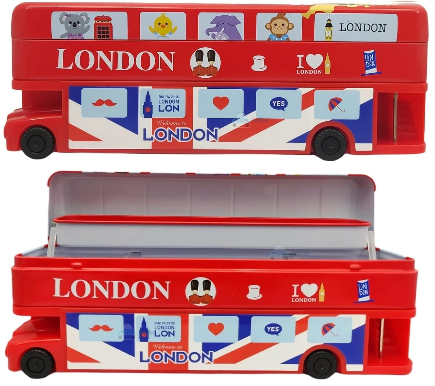 FunBlast Cartoon Bus Toy Metal Pencil Box with Moving Tyres & Sharpener for Kids Bus Geometry Box (London Bus Red)