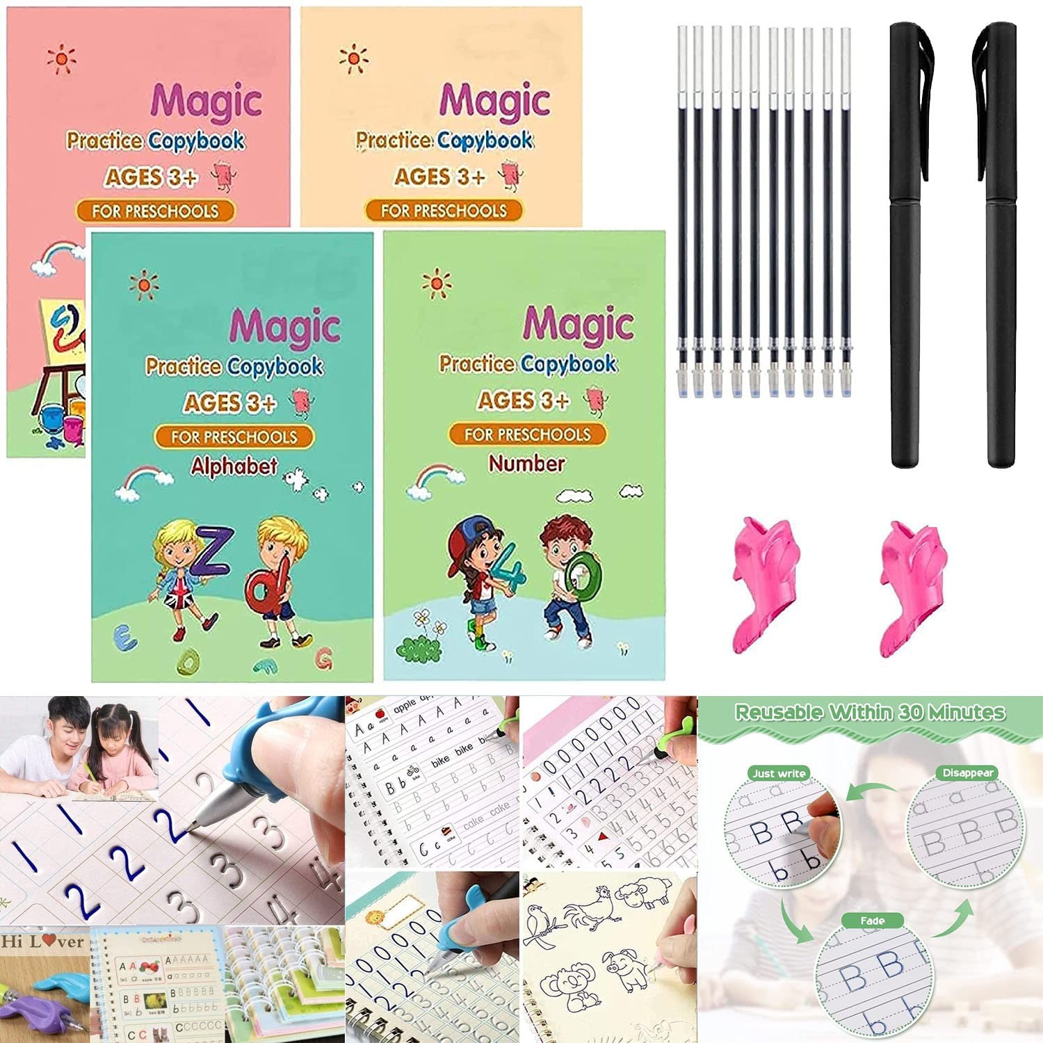 SHOPPOSTREET Sank Magic Practice Copybook, (4 BOOK + 10 REFILL+ 2 Pen +2 Grip) Number Tracing Book for Preschoolers with Pen, Magic Calligraphy Copybook Set Practical Reusable Writing Tool Simple Hand