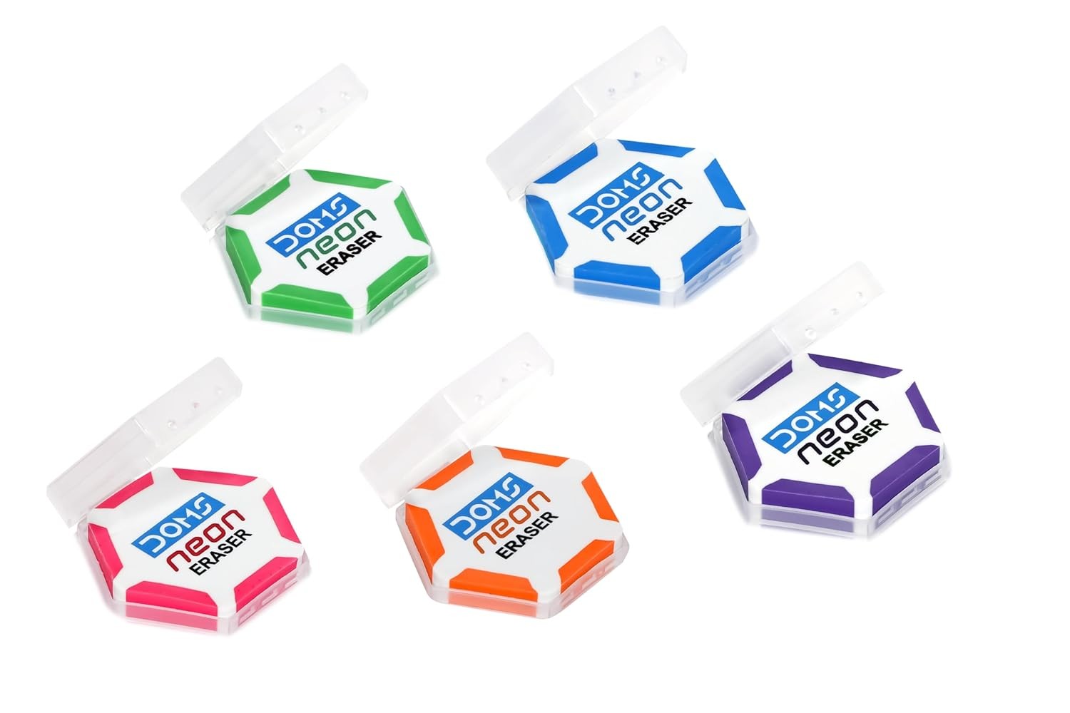 Doms Neon Eraser Box Pack | Hexagonal Eye Catching Design | Neat & Dust Free Erasing | Playful Body Colors | Plastic Case for Each Eraser | Pack of 30 Erasers, Multi-Color